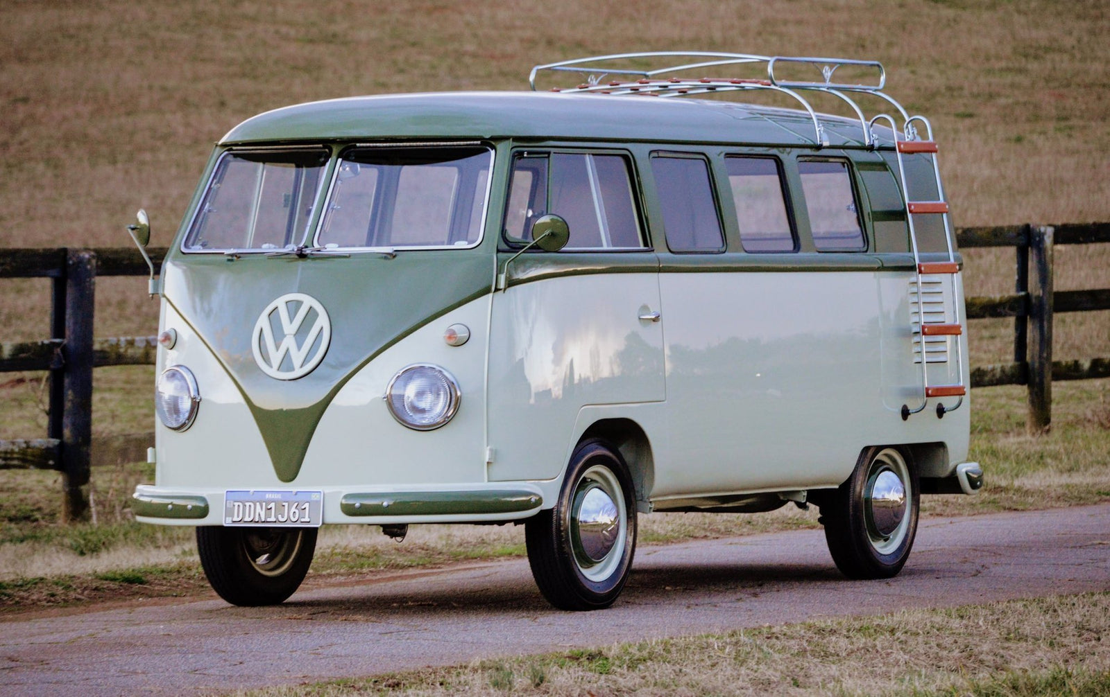 1961 Volkswagen Kombi 11-Window in Palm Green over Sand Green, front three-quarter