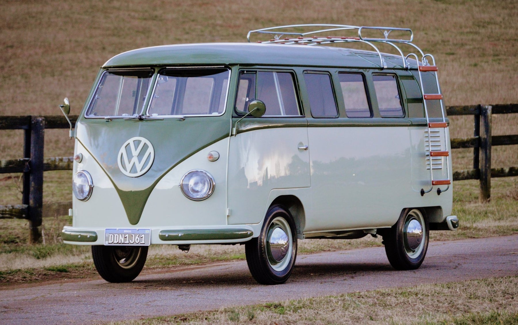 1961 Volkswagen Kombi 11-Window in Palm Green over Sand Green, front three-quarter
